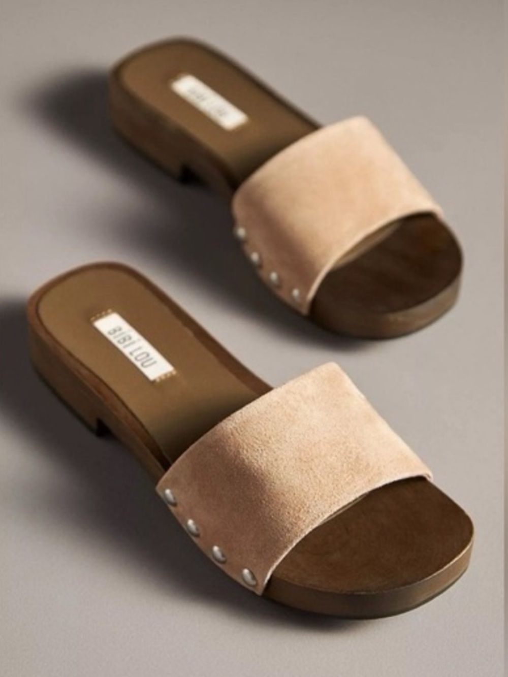 Bibi Lou Anthropologie Suede Leather Wooden Slide Sandal Taupe Stud Accent EU 37
